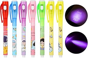 OFFCUP Stylo Encre Invisible, 7pcs Stylo Espion avec Lumiere UV, Stylo Magique pour Écrire un Message Secret, Crayons à Encre Invisible pour Cadeau Anniversaire Fête Activité Enfants-Dessin Animé