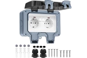 BSEED Gniazdko zewnętrzne, wodoodporne, IP66, 2-gniazdowe z przełącznikiem i lampką kontrolną, gniazdo zewnętrzne do montażu natynkowego, 16A gniazdo ogrodowe z klapką ochronną do użytku na zewnątrz