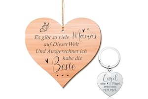 PATELAI Mama Geschenk Set inklusive Beste Mama der Welt Holzschild mit Organza Beutel und Engel ohne Flügel Schlüsselanhänger in Herzform Geschenkideen für Muttertag Weihnachten Geburtstag