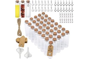 Amzeeniu 40x Vasetti Vetro Piccoli,20ml vasetti per spezie con Tappi di Sughero Mini Bottiglie Vetro con Tappo 8 X 2.2 cm Bottigliette Vetro Regalo Decorazione,con pendente in metallo,imbuto,corda