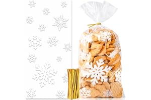 Uuams Plätzchentüten, 100 Stück Kekstüten Weihnachten, Schneeflocke Geschenktüten, Süßigkeiten, Weihnachtstüten zum Befüllen, Cellophantüten Mit Twist Krawatten Weiß, Klar, Gold
