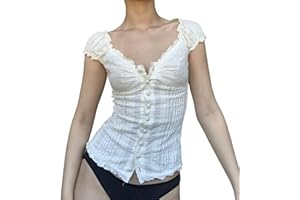 Owegvia Damen Fairy Grunge Ästhetische Spitze Spleißen Quadratischer Ausschnitt Kurzarm Crop Tops Camisole Y2k Crop Top für Mädchen