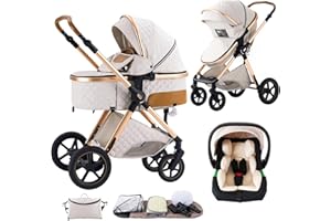 Shineey Kinderwagen 3 in 1,Puppenwagen Buggy Faltbarer Kinderwagen Set, Kombikinderwagen 3 in 1 mit Großer Bequemer Babywanne, Laufwagen Rahmen Aluminiumlegierun (H2 RICEWHITE, H2)