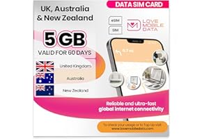 LOVE 2 SURF Love Mobile Data Only Sim Card - International Multi-Network 4G/5G Prepaid Pay As You Go Data Sim for Mobile Phones, WiFi Routers, & More, Australia & New Zealand - 5GB for 60 Days