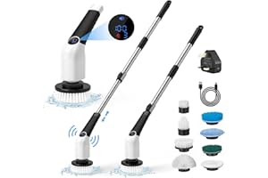 MEDE Electric Spin Scrubber,Cordless Cleaning Brush with Vioce Prompt & 8 Replaceable Brush Heads & 3 Speeds,Adjustable Extension Handle Power Scrubber for Bathroom Tub, Floor, Tile, Kitchen, Car