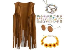 Boyigog Women 70s Hippie Dress Costume Fringe Vest 60s Disco Fancy Dress Outfit Accessories Set Hippy Costumes for Halloween Carnival Party