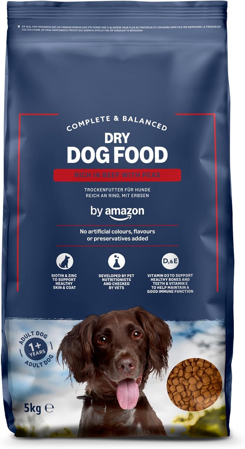 by Amazon - Complete Dry Dog Food for Adult Dogs, Rich in Beef with Peas, 1 Pack of 5kg