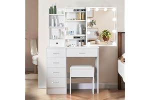 LIANWANG Toaletka z oświetleniem LED i lustrem, toaletka z taboretem do makijażu, toaletka z 6 szufladami, 3 temperatury barwowe i regulowana jasność, ZL1907D115