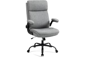 CASTLOVE Ergonomic Office Chair for Home - Computer Desk Chair with Back Support - Flip Up Armrest - High Back - Height Adjustable - Rocking Function (Fabric Grey Max 150 kg)