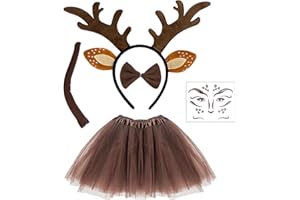 EUPSIIU Diadema Orejas de Animales, Ciervo Traje Tocado Diadema, Cara Ciervo Tatuaje, Cola de Reno, Pajarita de Reno, Falda Tutú para Carnaval Disfraz Fiesta Temática Halloween Cosplay