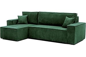 ‎GREKPOL GREKPOL 244x145 Sofa mit Schlaffunktion (200x125) - Cord Sofa 3 Sitzer - Dunkelgrun Ecksofa mit Schlaffunktion und Bettkasten - Schlafsofa mit Bettkasten - Couch