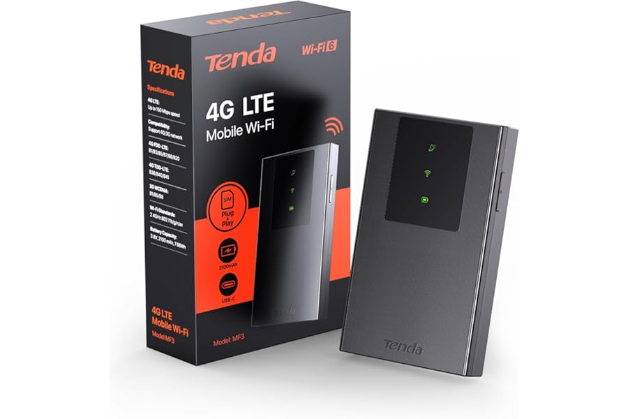 Tenda 4G Mobile WiFi Router - Portable Hotspot MiFi, CAT4 LTE 150Mbps, AX300 Wi-Fi 6, 2100mAh Rechargeable Battery, USB-C Port, WPA3, Compatible with Unlocked Nano SIM Cards, Plug and Play, MF3