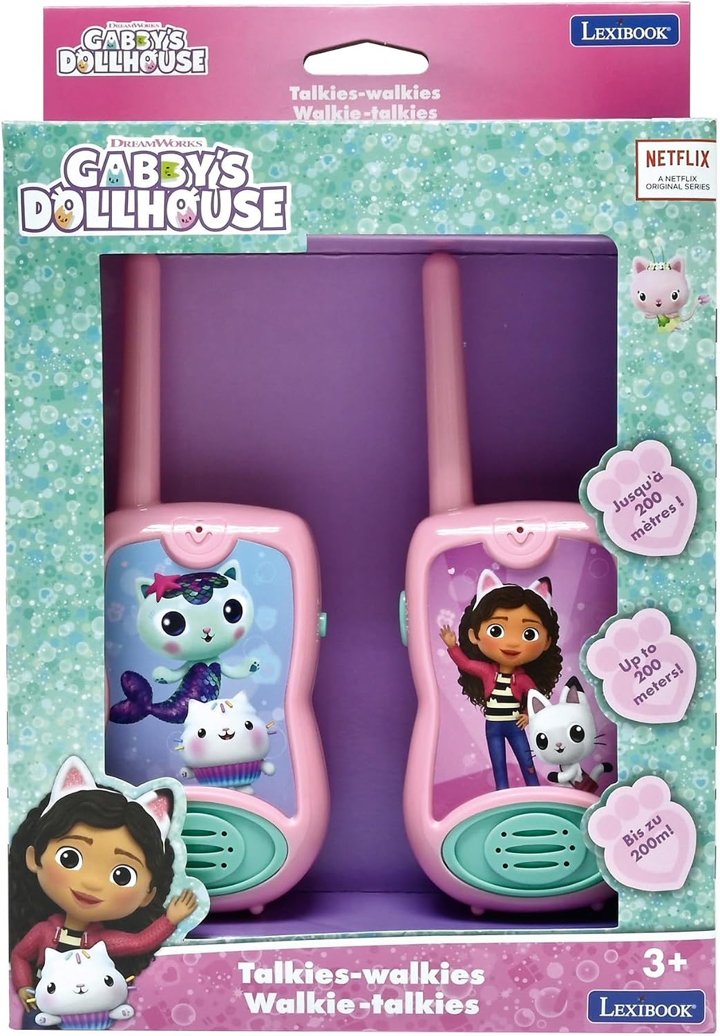 Lexibook, La Casa de Muñecas de Gabby, Walkie-Talkies 200m, Juego de comunicación para niños, Clip para cinturón, Funciona con Pilas, Rosa, TW12GDH