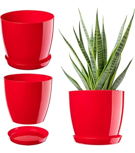 Kadax bloempot, plantenpot met onderschotel, ronde bloempot voor binnenshuis, elegante sierpot van kunststof, bloempot voor bloemen en planten, lichtgewicht plantenpot ( 12 cm, rood