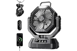 AJVV Ventilateur Camping,Ventilateur rechargeable sur Batterie avec Lumière, Ventilateur Rotation à 270° Vitesse avec Crochet, Télécommande, Double Pale de Ventilateur, pour Camping, Barbecue, Pêche - Noir