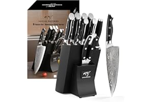 NANFANG BROTHERS Set di Coltelli Damasco, Ceppo di Coltelli in Legno di Faggio con Set di Coltelli da Cucina, Giapponese Set di Coltelli da Cucina VG10 Steel 67 Strati in Damasco Nero