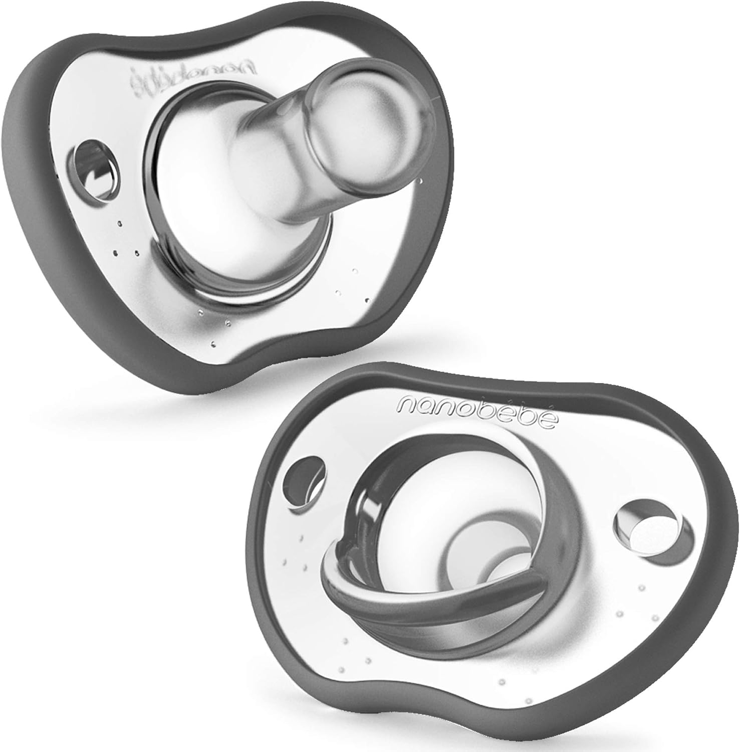 Nanobebe Baby Soothers 0-3 Month - Orthodontic, Curves Comfortably with Face Contour, Award Winning for Breastfeeding Babies, 100% Silicone - BPA Free. Perfect Baby Gift 2pk, Grey