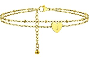 PROSTEEL Pulsera Tobillera de Dos Capas con Dije Corazón y Letras Iniciales A-Z para Mujeres Señoritas Chicas, 22cm+5cm Tobillera Ajustable de Acero Inoxidable Color Dorado/Platino