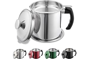 Kyraton Bacon Grease Container with Strainer, 1.4L Stainless Steel Oil Container, Pot Fat Storage with Lid, Easy Grip Handle Suitable for Storing Frying Oil and Cooking Grease