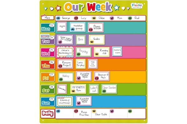 Fiesta Crafts Magnetic Weekly Planner - Colorful & Easy-to-Clean Our Week Fridge Chore Chart for Family - Daily Calendar & Visual Schedule for Kids & Toddlers with Whiteboard Pen & Rectangular Boards