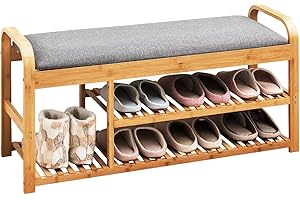 Multigot 2/3-Tier Shoe Bench, Bamboo Shoe Storage Organizer Seat with Cushion, Shoe Rack Stand for Entryway Hallway Bedroom Living Room (2 Shelves)