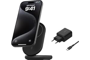 ‎BELKIN Belkin BoostCharge magnetyczna, składana ładowarka Qi2 bezprzewodowa 15 W, zgodna z MagSafe, szybkie ładowanie Qi2 dla iPhone’a serii 16/15/14/13, obsługa trybu czuwania, zasilacz w zestawie – czarna