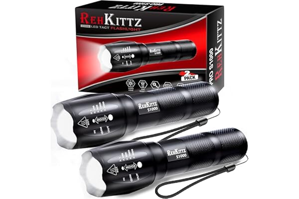 REHKITTZ Linternas Led Alta Potencia Super Brillante, (2 Piezas) con Zoom, Alto Lúmenes Mini Linterna Portátil, con 5 Modos, Aluminio para Camping Niños Exterior