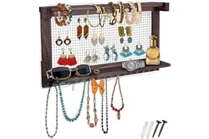 Comfify Organizer na biżuterię w stylu boho - uchwyt ścienny ze zdejmowanym drążkiem, regałem i 16 haczykami z naturalnego drewna.