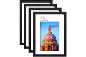LVAOUO A4 Wooden Picture Frames Set, 4-Pack, 21 x 29.7cm Versatile Black A4 Frame, Supports Landscape or Portrait Orientation, with Plexiglass and Stand, Wall-Mountable and Desk-Ready