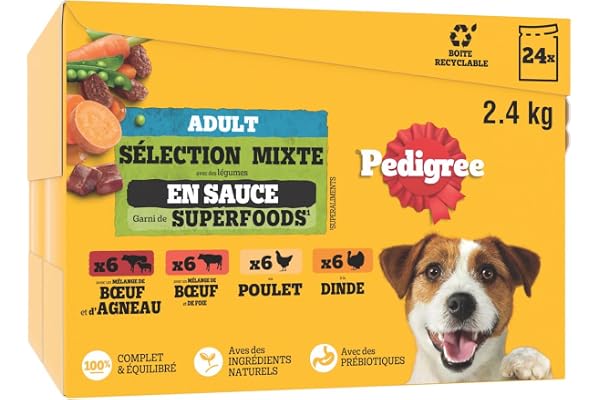 PEDIGREE Repas pour Chien en Sauce, 48 Repas en Sachets Fraîcheur pour Chiens Adultes (2 Packs de 24x100g), Riche en Poulet, Dinde, Bœuf & Agneau, Nourriture pour Chien Humide & Équilibrée
