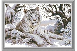 CaptainCrafts Cross Stitch Kits, Preprinted 14CT Fabric Cross Stitch DIY Art DMC Needlecrafts Embroidery Kits for Adults Beginners (Stamped 14CT, Withe Tiger)