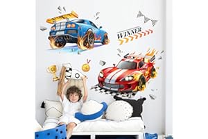 Tanlaby 2 Large 3D Racing Cars Wall Stickers Red Blue Car Trophies Wall Decals Vinyl Removable Wall Art for Boys Bedroom Kids Room Playroom Wall Decor