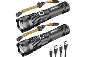 WholeFire Linterna LED USB Recargable Superbrillante de 90000 Lúmenes, XHP70 Zoomable Impermeable Potente Linterna 5 Modos para Iluminación de Emergencia al Aire Libre, Batería Incluida, Paquete de 2