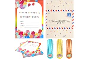 MUEEAD 42 Rainbow Invitations, 42 Stickers, Kids Party Invitations and Birthday Cards, Folded Envelope Designs for Boys and Girls Birthday Party, Rave Party (Colorful)