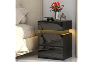 LVHECFORHM Lvechforhm Mesita de Noche con Tira de Luz LED Multicolor Variable, Estilo Moderno Mesita de Noche LED Ajustable de 16 Colores, Mesita de Noche Dormitorio con 3 Cajones, Negro Mesa Auxiliar 40x35x55cm