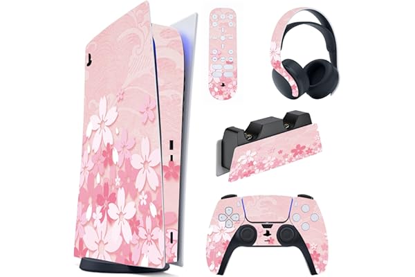 PlayVital Pegatina Completa para ps5 Edición Digital - Calcomanía Vinilo para Consola, Control, Estación de Recarga, Control Remoto y Audífonos, Adhesivo Piel (Pétalos de Rosa)