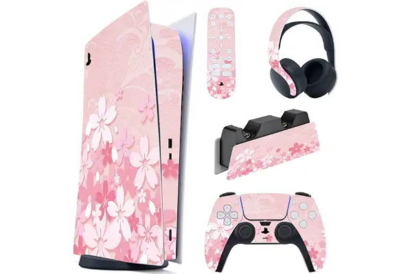 PlayVital Pegatina Completa para ps5 Edición Digital - Calcomanía Vinilo para Consola, Control, Estación de Recarga, Control Remoto y Audífonos, Adhesivo Piel (Pétalos de Rosa)