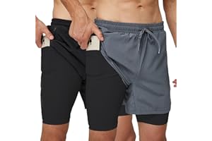 frueo 2 Pack 2 in 1 Mens Running Shorts Quick Dry Gym Lightweight Sport Athletic Training Shorts with Zipper Pocket Compression Base Liner