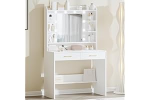 Hzuaneri Dressing Table with Mirror and Led Light, Vanity Desk with Adjustable Brightness, Vanity Table with Shelves and 2 Drawers, for Bedroom, Living Room, 40 x 80 x 149 cm, White DT08203XV1UK