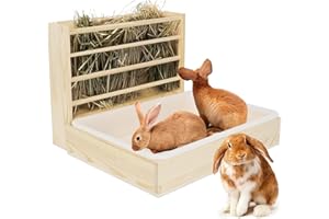 KMQRDZI Comedero de heno grande multifuncional con inodoro, comedero de madera para conejos, comedero de heno, completo con bebedero y comedero, apto para conejos, cobayas, hámsters, animales pequeños (2 en