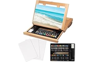 Kuyal Paint Set, 34 Piece Adjustable Tabletop Easel Set, Wooden Art Set Crafts Drawing Painting Kit with Easel and 3 Canvas Boards, 12 Acrylic Paints Etc. Paint Kit for Artist Beginners