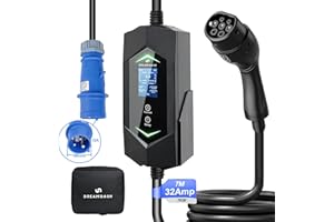 DREAMDASH Cargador Coche Monofasico 7.4kw, Cable Carga 7m, Tipo 2 (IEC 62196-2) al Enchufe Azul CEE 32A 3 Pines, Ajustable 6-16A 1-12h, IP65 Trabajo -30℃ a 50℃, Cargador EV portatil para BEV y PHEV
