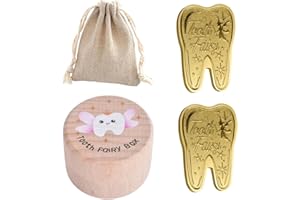 Valicaer Tooth Fairy Kit 4Pcs- Wooden Tooth Fairy Box Tooth Fairy Coin for Kids' First Lost Teeth Gift for Storing Baby's Dropped Baby Teeths