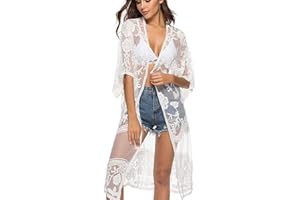 Shuanghao Verano Mujer Encaje Ropa Vestido de Playa Sexy Camisolas y Pareos de Bikini Baño Largo Suelto V Cuello Suave Cómodo Floral Gasa Traje Camiseta Camisa Túnica Girl Coverups