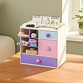 Amazon Basics Multi-Compartment Desk Organiser | 10 Compartments | 20.5 × 14.3 × 19.9 cm | Cream | Plastic | Handles Included