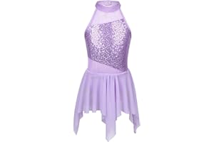 IEFIEL Vestido Lentejuelas de Danza para Niña Maillot de Patinaje Artístico Leotardo Gimnasia con Tul Vestido de Bailarina Ballet 6-16 Años