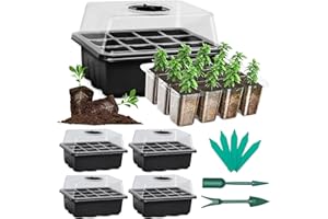 SHEEFLY 5 Set Seed Trays Seedling Starter Tray 60 Cells Humidity Adjustable Plant Starting Kit with Dome and Base Greenhouse Grow Trays Mini Propagator for Garden Seeds Growing with hand Tools Labels