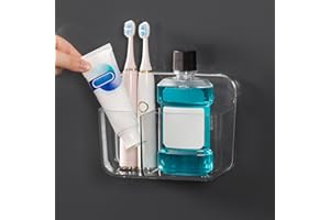 Ettori Toothbrush Holder,Toothbrush Caddy with 2 Compartment,Shower Caddy,Bathroom storage,Wall Mounted Adhesive Storage for Bathroom,Kitchen No Drilling,Clear Plastic