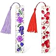 PROUSKY Pressed Flower Bookmarks, Dried Flower Resin Bookmarks, Mothers Day Gifts Pressed Floral Reading Page Markers with Tassel Daisy Book Markers for Readers Teachers Students (Red+Purple)