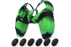 eXtremeRate PlayVital Funda de Silicona para ps5 Mando - Carcasa Protectora con 6 Tapas de Joysticks, Impermeable, Resistente y Antideslizante, Funda de Goma Suave, 3D Tachonado (Verde Negro)